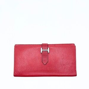 Authentic HERMES Soft Red Leather Long Bifold Wallet Silver Tone Hardware